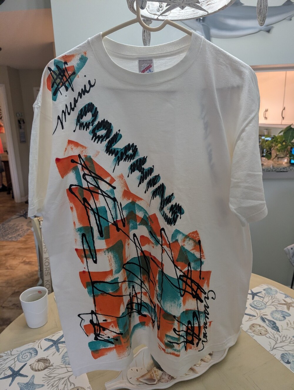 Graphic Crewneck T-Shirt in White with Teal & Orange Brushprint Miami Dolphins